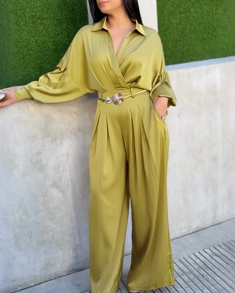 Women's Two Piece Satin Outfit Turn-down Collar Wrap Crop Shirt and Wide Leg Pants Set Elegant Matching Set