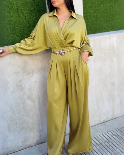 Women's Two Piece Satin Outfit Turn-down Collar Wrap Crop Shirt and Wide Leg Pants Set Elegant Matching Set