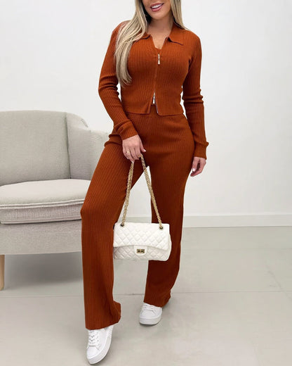 Women's Three Piece Knit Outfit Collared Two Way Zipper Coat and V Neck Tank Top and Bootcut Pants Ribbed Set