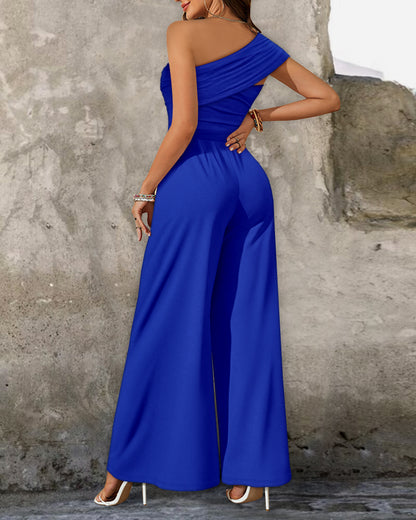 Cold Shoulder Ruched Buckle Wide Leg Jumpsuit