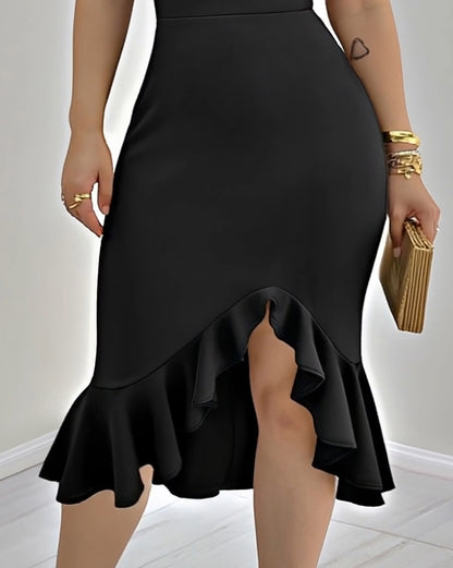 Cold Shoulder Beaded Slit Bodycon Dress Ruffle Hem Zipper Back Party Dress