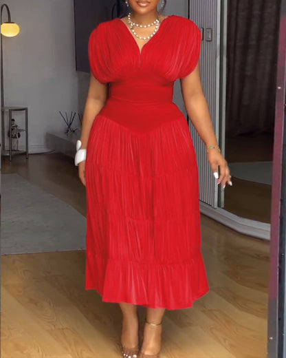 Textured V Neck Sleeveless Ruched Ruffles Hem Dress Casual Waist A Line Party Midi Dress