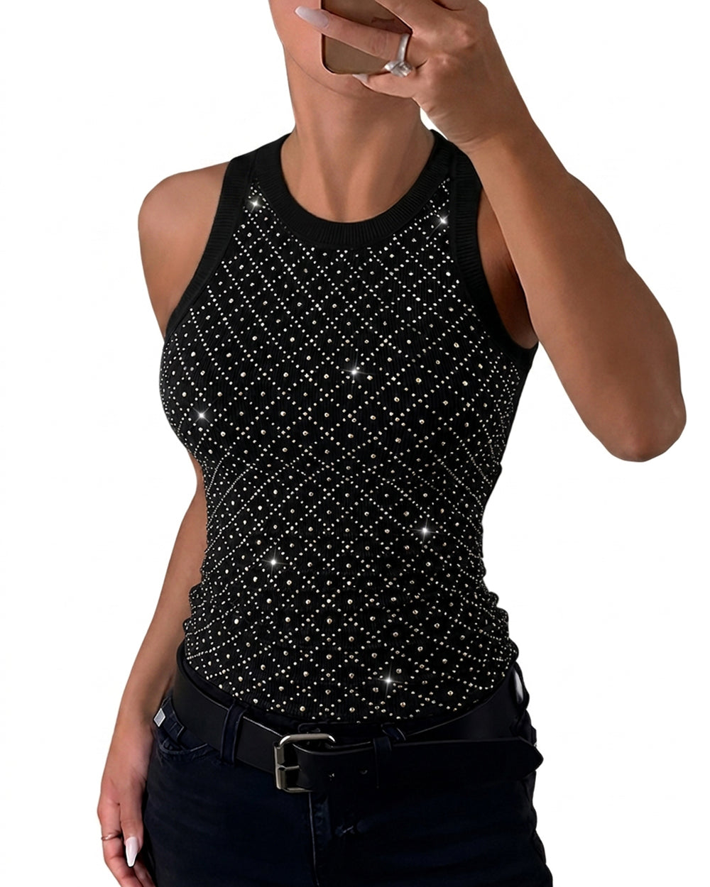 Women's Rhinestone Argyle Pattern Ribbed Tank Top Slim Fit Top