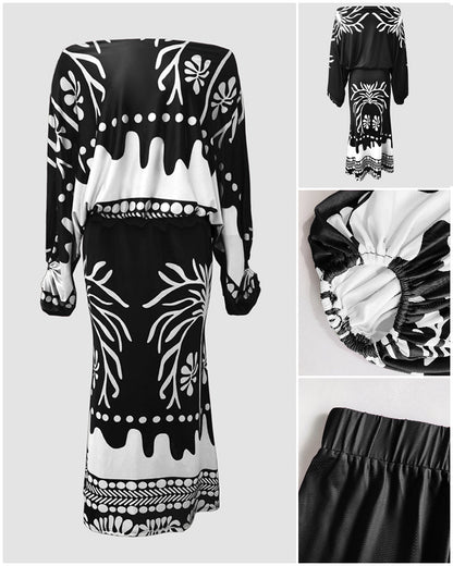 2 Pieces Outfit Skew Neck Lantern Sleeve Loose Fit Top and High Waist Elastic Waist Fishtail Maxi Skirt Set Casual Tropical Print Vacation Set