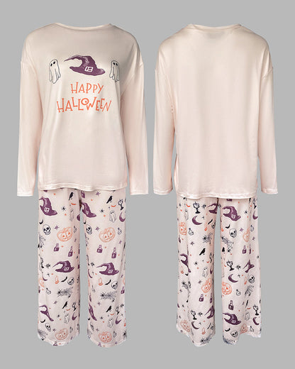 CHICMELIVE 2 Pieces Outfit HAPPY HALLOWEEN Slogan & Graphic Print Long Sleeve Top and Graphic Print Elastic Waist Pants Set Casual Pajamas Set