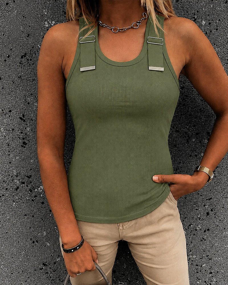 CHICMELIVE Women's Buckle Decor Ribbed Tank Tops Cami Shirts