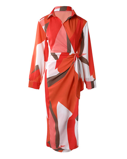 All Over Print Turn-down Collar Tied Detail Dress Casual Ruched Wrap Front Vacation Dress