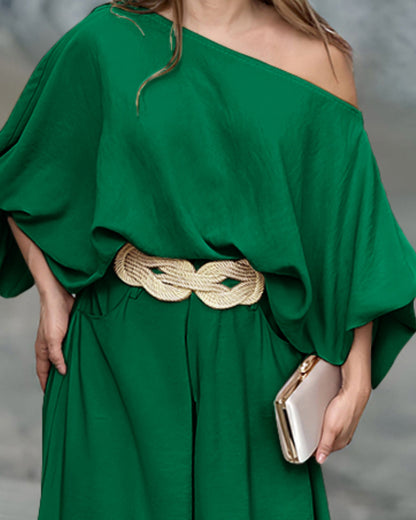 Skew Neck Lantern Sleeve Loose Top & Zipper Fly Wide Leg Pants Set without Belt