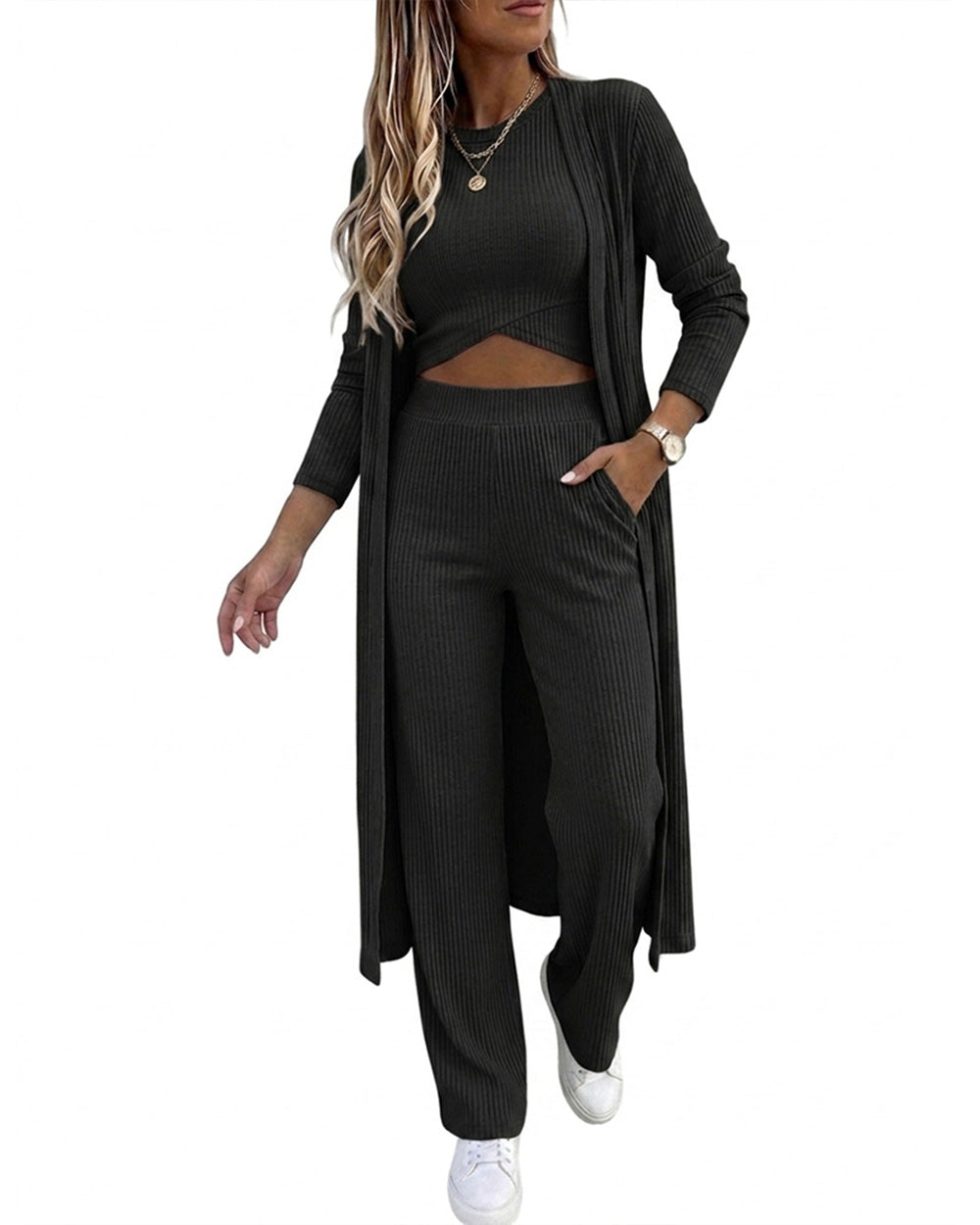 CHICMELIVE Women's 3 Piece Lounge Set Ribbed Cardigan Tank Wide Leg Pant