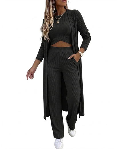 CHICMELIVE Women's 3 Piece Lounge Set Ribbed Cardigan Tank Wide Leg Pant