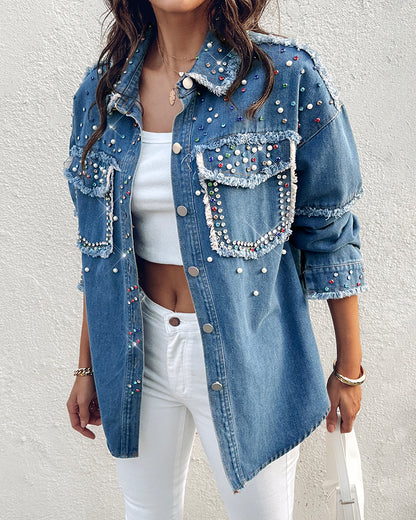 Colorful Rhinestone &  Pearls Decor Turn-down Collar Long Sleeve Jacket Casual Front Button Raw Hem Denim Coat with Pockets