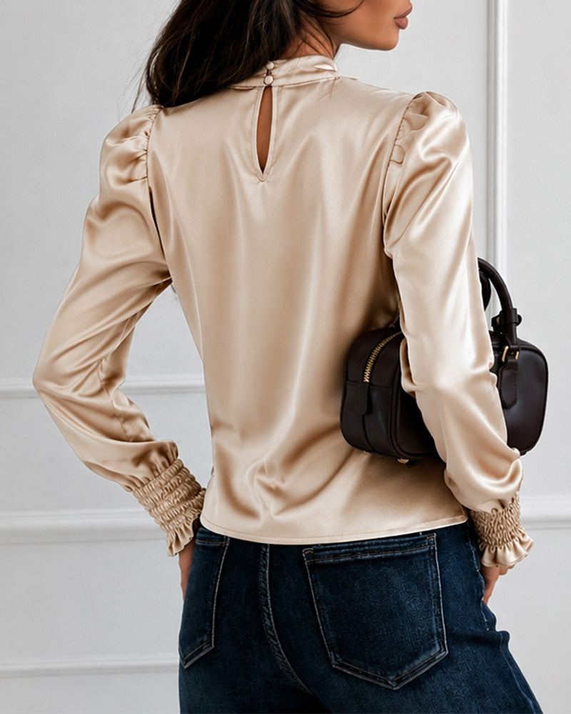 Women's Satin Blouse Mock Neck Puff Sleeve Shirt Back Tie Bow Elegant Ruched Shirt Shirred Frill Cuff Work Top