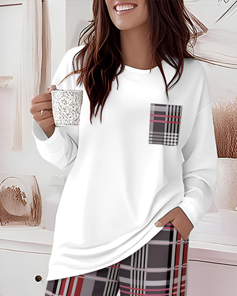 2 Pieces Outfit Plaid Print Pocket Design Long Sleeve Drop Shoulder Top and Plaid Print Elastic Waist Wide Leg Pants Set Casual Pajamas Set