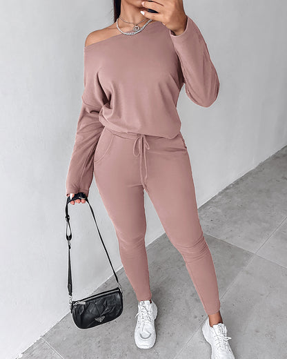 2 Pieces Outfit Long Sleeve Skew Neck Pullover Top and Drawstring Elastic Waist Slim Fit Pants Set