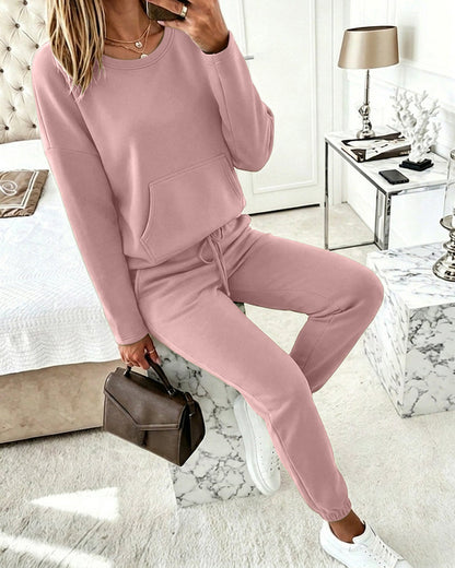 Women's 2 Piece Sweatsuit Set Crewneck Drop Shoulder Sweatshirt and High Waisted Drawstring Joggers Casual Lounge Set