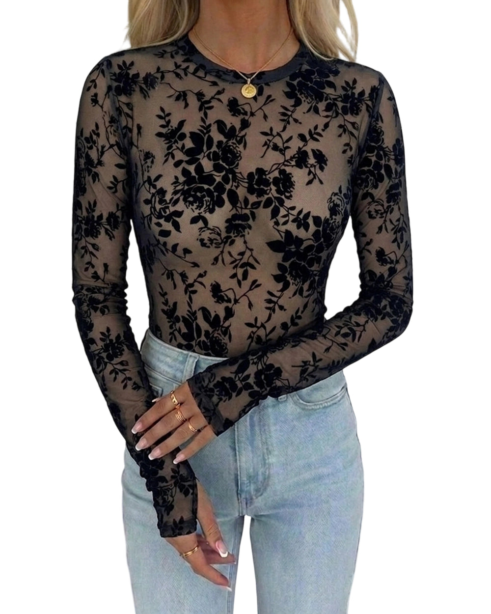 CHICME Women's Flocked Floral Sheer Mesh Long Sleeve Top with Lined