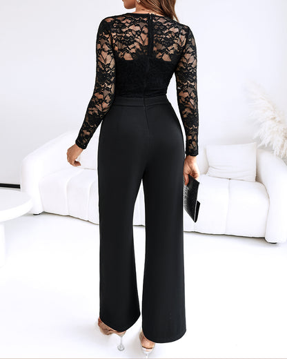 Metal Decor Scallop Trim V-Neck Lace Overlay Jumpsuit Casual Lace Long Sleeve Zipper Back Jumpsuit