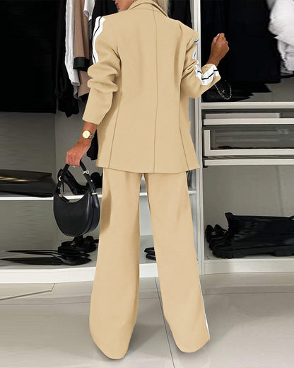 2 Pieces Outfit Notched Collar Single Breasted Pockets Design Coat and Elastic Waist Seam Front Wide Leg Pants Set Casual Contrast Side Striped Blazer Set