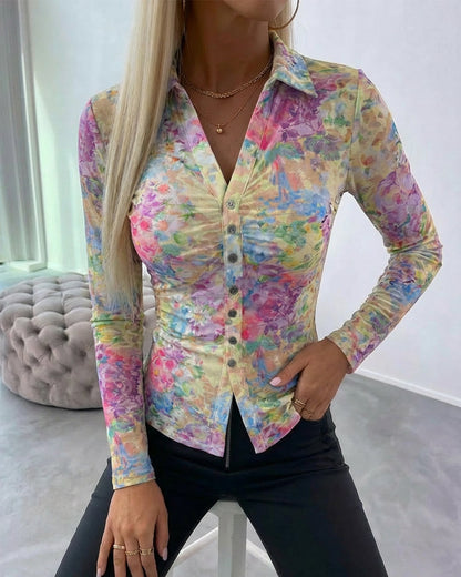 Watercolor Floral Print Turn-down Collar V-Neck Button Front Shirt Slim Fit Long Sleeve Ruched Sheer Mesh Top
