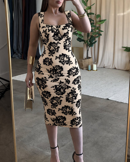 Women's Vintage Flocking Rose Midi Dress Square Neck Sleeveless Bodycon Dress Elegant Club Party Gown
