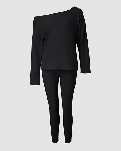 2 Pieces Outfit Long Sleeve Skew Neck Pullover Top and Drawstring Elastic Waist Slim Fit Pants Set