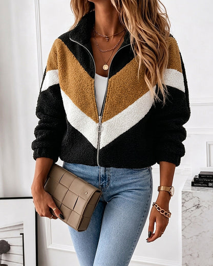 CHICMELIVE Women's Sherpa Jacket Casual Color-Blocked Zip Up Winter Coat