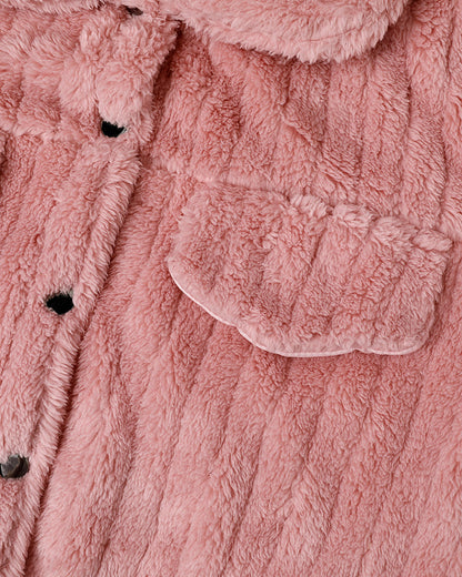 Textured Striped Turn-down Collar Button Front Elastic Cuff and Hem Teddy Fleece Jacket With Decorative Flap Pockets