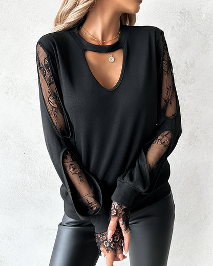 Keyhole Neck Hollow Out Contrast Lace Top