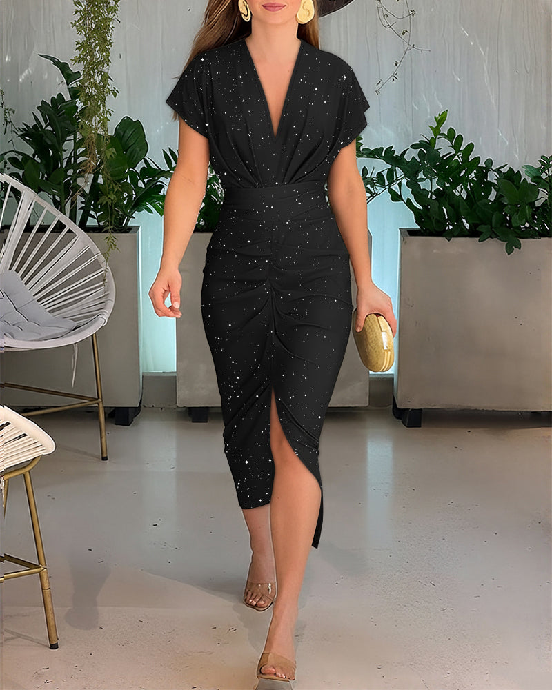 CHICMELIVE Women's Glitter Party Dress Deep V Neck Ruched Bodycon Dress