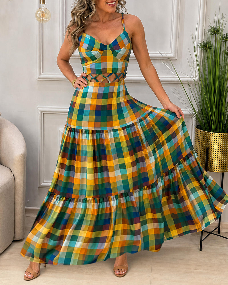 Women's Colorblock Plaid Hollow-out Maxi Dress V Neck Backless Ruffle Cami Dress Casual Shirred Beach Sundress