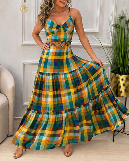 Women's Colorblock Plaid Hollow-out Maxi Dress V Neck Backless Ruffle Cami Dress Casual Shirred Beach Sundress