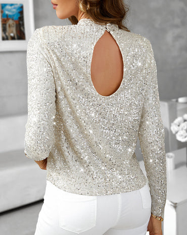 Mock Neck Hollow-out Back Allover Sequin Long Sleeve Top Partywear Blouse