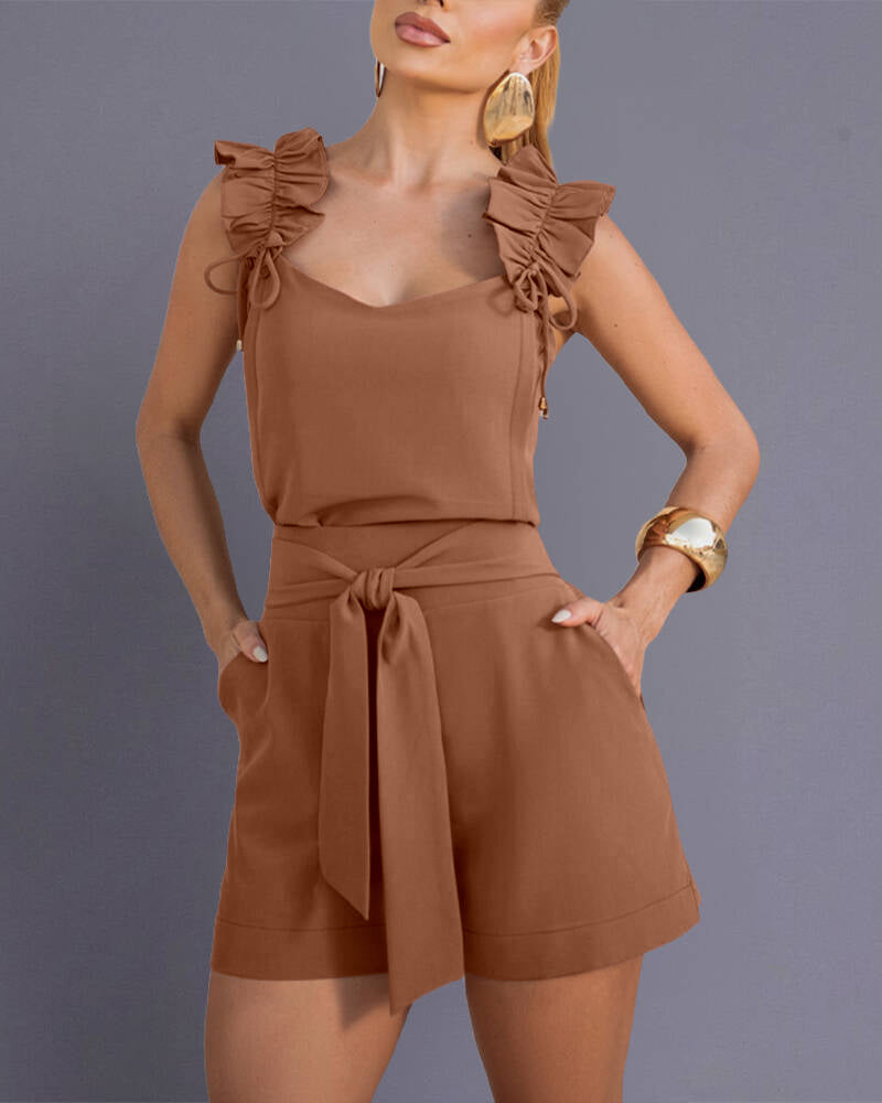 ChicMeLive Women's 2 Piece Shorts Set Ruffle Strap Sleeveless Top and High Waisted Shorts with Pockets