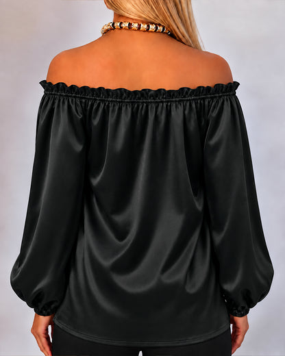 CHICMELIVE Off Shoulder Satin Tops Women Ruffle Tie Front Blouse