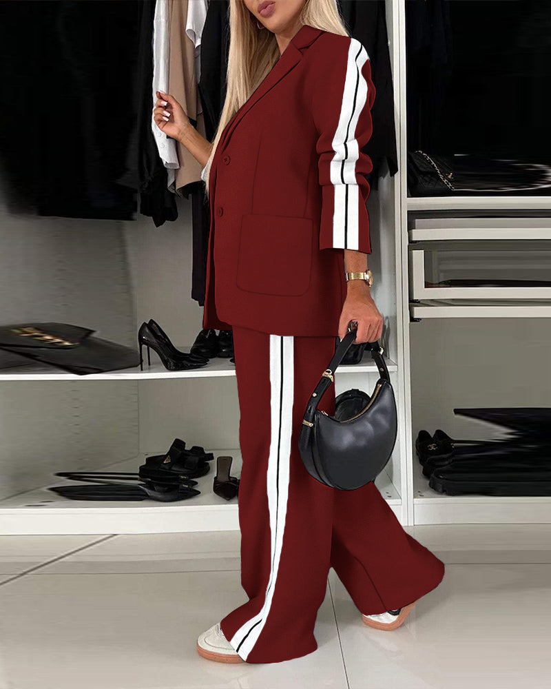 2 Pieces Outfit Notched Collar Single Breasted Pockets Design Coat and Elastic Waist Seam Front Wide Leg Pants Set Casual Contrast Side Striped Blazer Set
