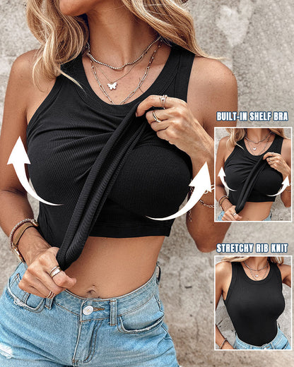 ChicMeLive Built-in Bra Ribbed Round Neck Tank Top