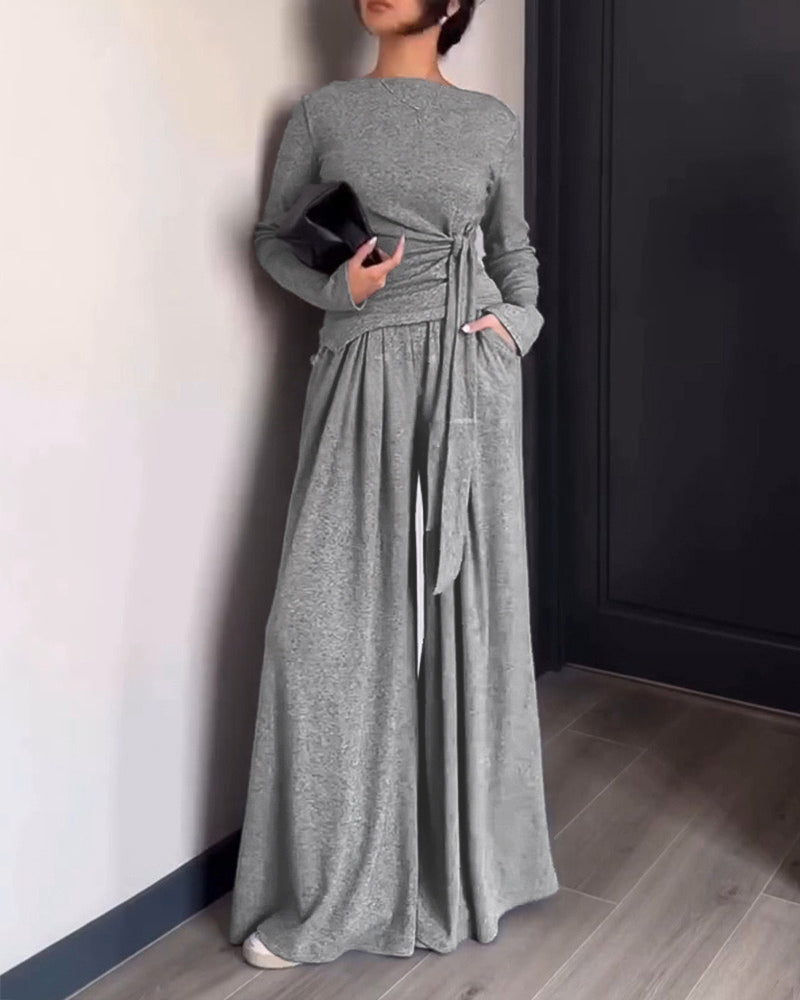 Women's 2 Piece Knit Lounge Set Long Sleeve Tie Waist Top and High Waisted Wide Leg Pants Casual Soft Sweatsuit with Pockets