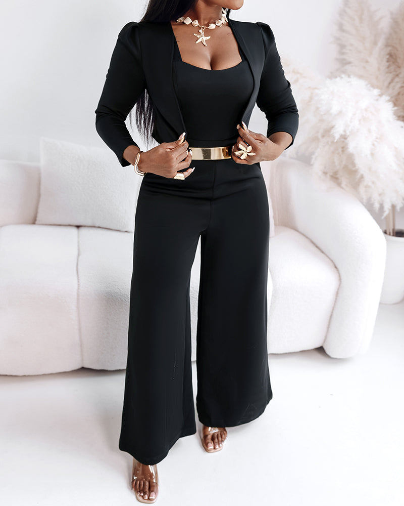 2 Pieces Outfit Metal Decor Square Neck Thick Strap Zipper Back Cinched Waist Wide Leg Jumpsuit and Casual Crop Cardigan Set