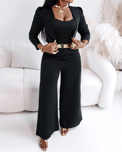 2 Pieces Outfit Metal Decor Square Neck Thick Strap Zipper Back Cinched Waist Wide Leg Jumpsuit and Casual Crop Cardigan Set