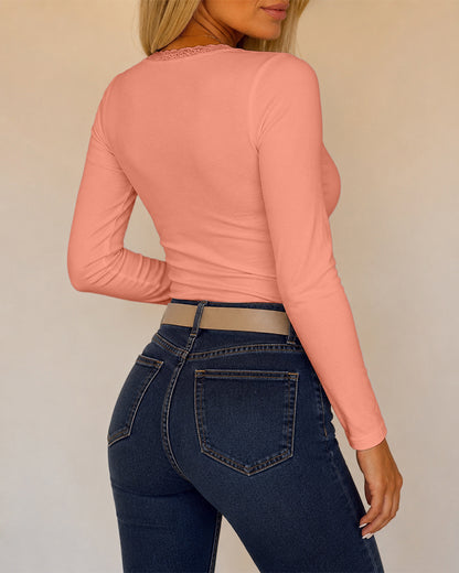 CHICMELIVE Women Lace Long Sleeve Top V Neck Fitted Shirts Fall Blouses