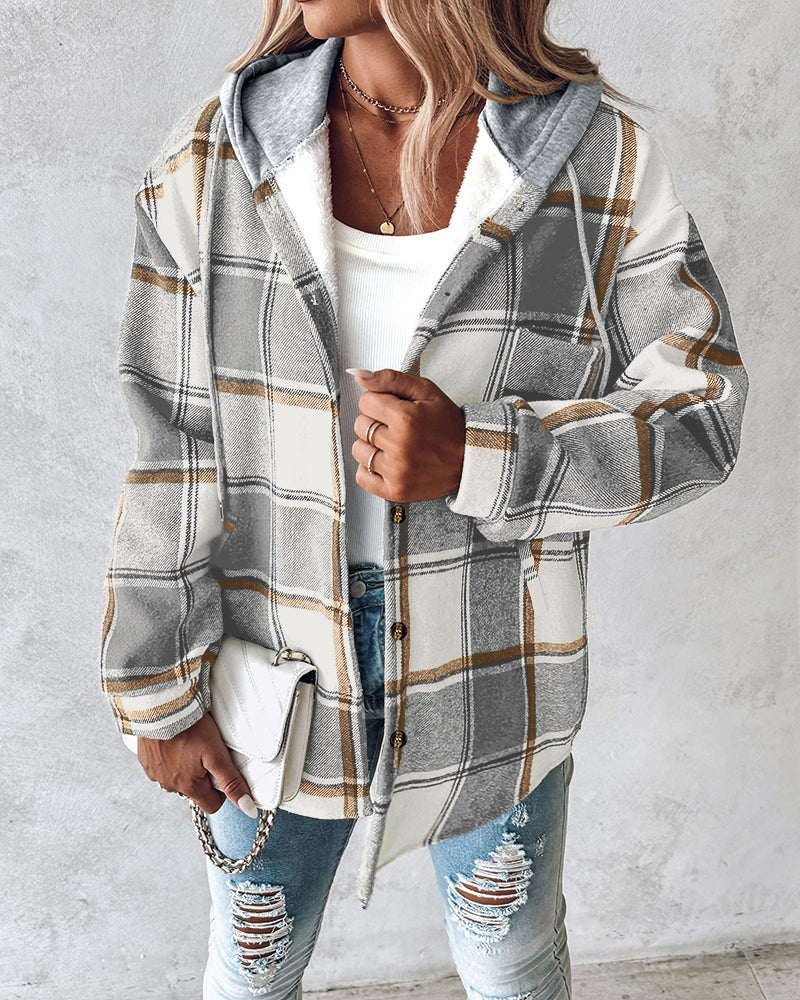 CHICMELIVE Womens Casual Jacket Plaid Hooded Fleece Lined Shacket