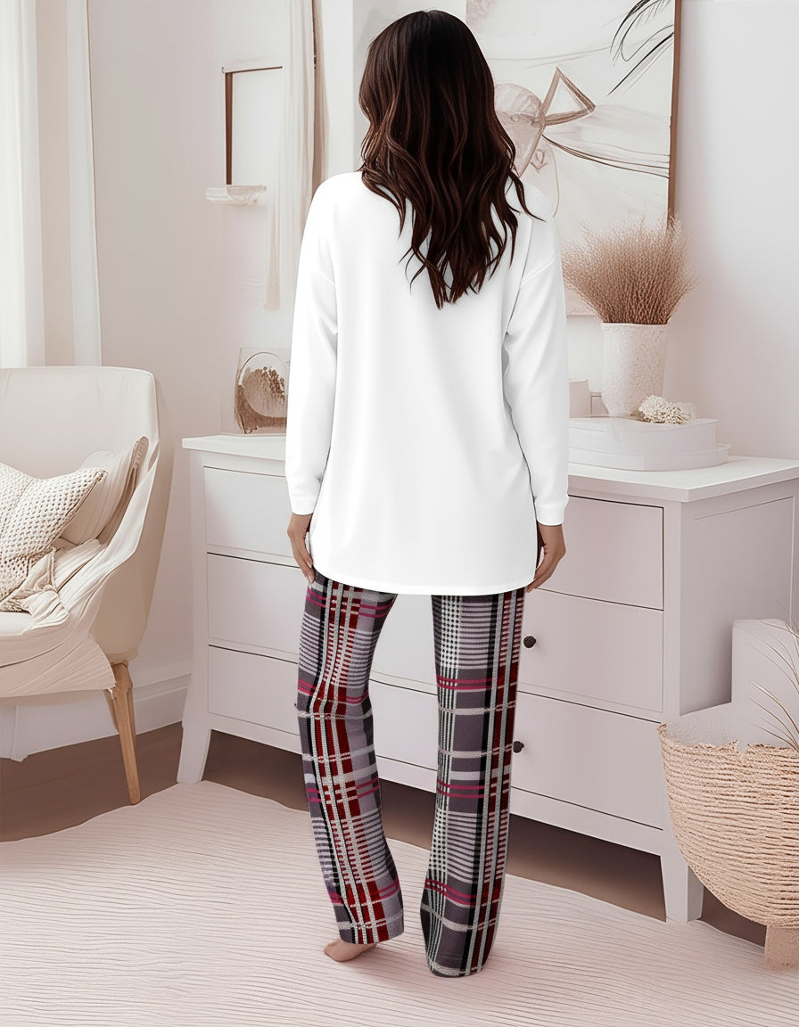 2 Pieces Outfit Plaid Print Pocket Design Long Sleeve Drop Shoulder Top and Plaid Print Elastic Waist Wide Leg Pants Set Casual Pajamas Set
