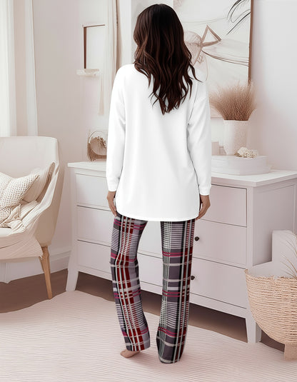 2 Pieces Outfit Plaid Print Pocket Design Long Sleeve Drop Shoulder Top and Plaid Print Elastic Waist Wide Leg Pants Set Casual Pajamas Set