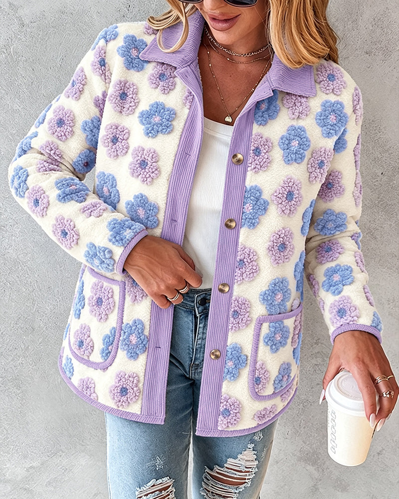CHICMELIVE Women's Soft Floral Sherpa Jacket Corduroy Button Down Coat