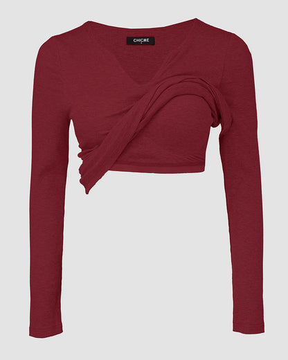 ChicMe Built-in Bra Notch Neck Long Sleeve Shirts Rib-Knit Ruched Waist Top