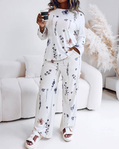 2 Pieces Outfit Floral Print Long Sleeve Drop Shoulder Top and Elastic Waist Pants Sets Casual Pajamas Set