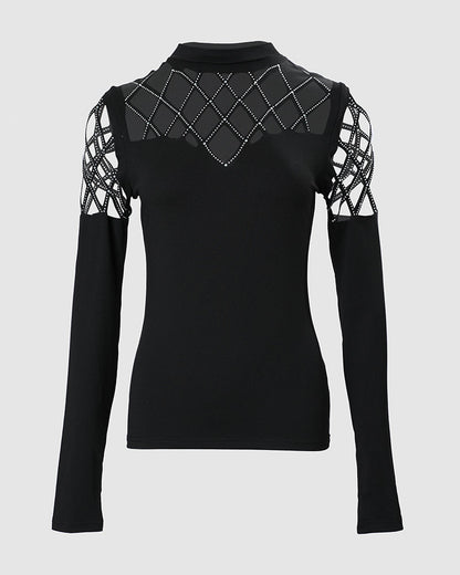 Rhinestone Hollow Out Cold Shoulder Long Sleeve Top Casual Tee