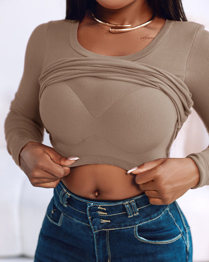 Built In Bra U Neck Tee High Stretchy Knit T-Shirt Long Sleeve Top
