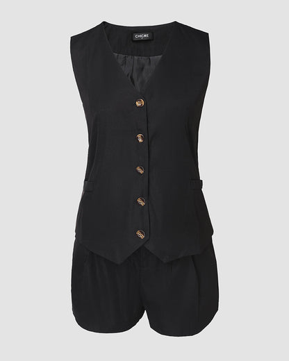2 Pieces Outfit V-Neck Sleeveless Button Front Vest and Zipper Fly Colorblock Elastic Back Waist Shorts Set Casual Blazer Set