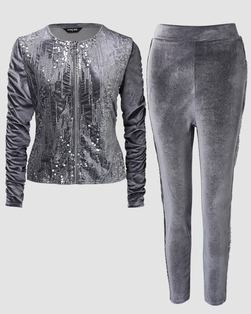 2 Pieces Outfit Contrast Sequin Ruched Long Sleeve Zip Up Coat and Elastic Waist Pants Set Casual Slim Fit Velvet Tracksuit